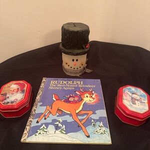 Vintage Christmas Bundle – Snowman Candle, two candle tins and vi rage Rudolph
